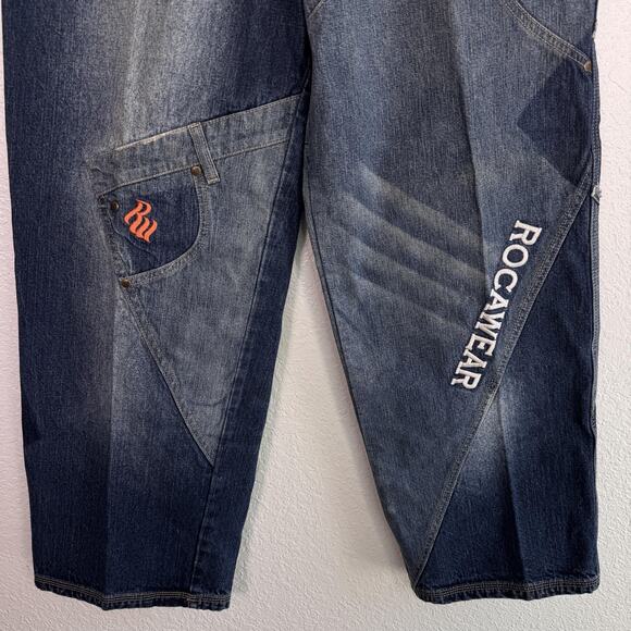 Rocawear Jeans Womens 27 Patchwork Denim Carpenter Baggy Hip Hop Y2K Boys 18? - Picture 5 of 16